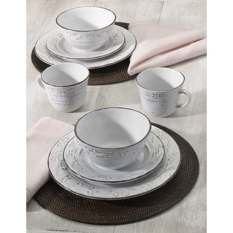 Rustic Trellis White 16 Piece Dinnerware Set Stoneware Farmhouse Tableware New