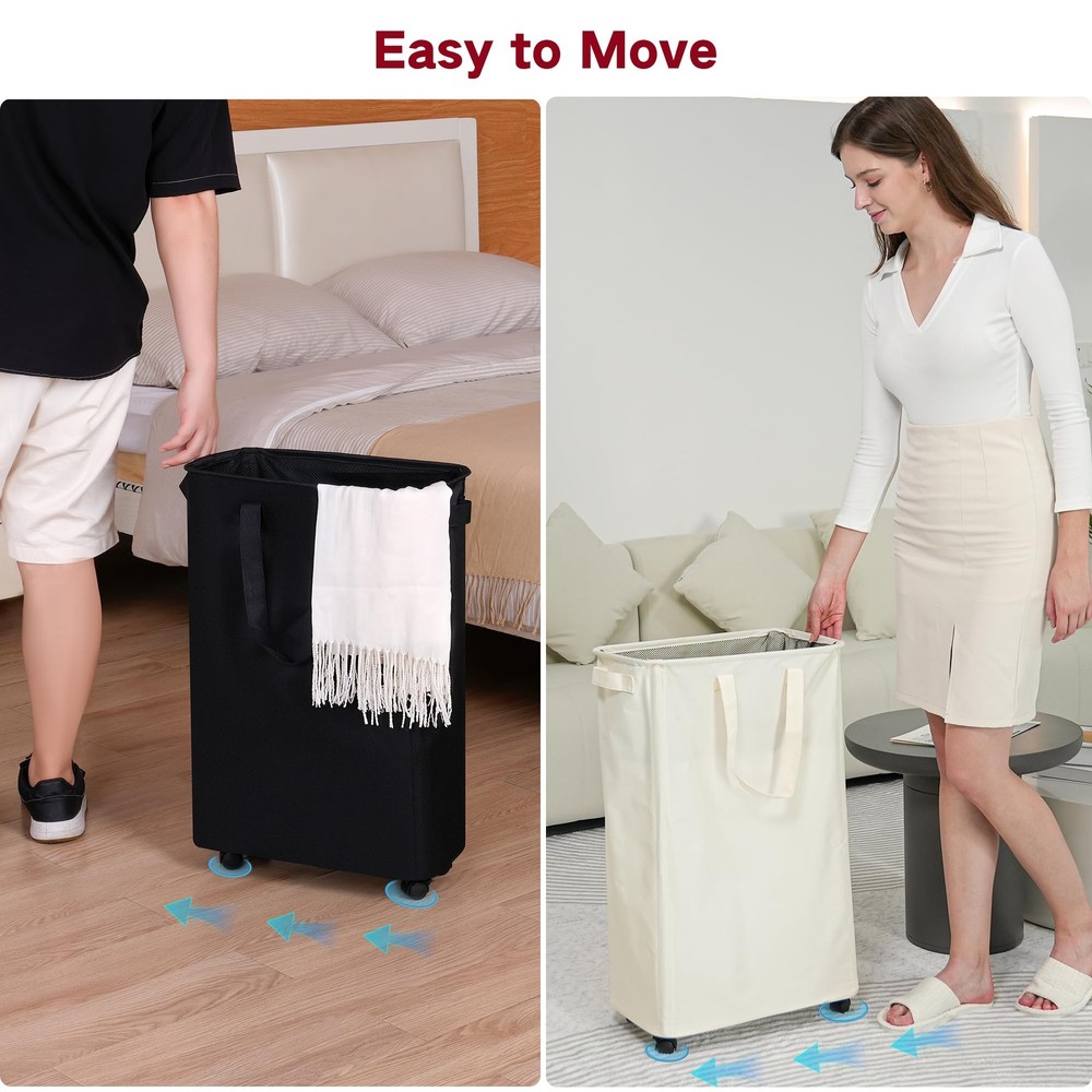 Slim Laundry Hamper with Wheels, Rolling Laundry Basket for Clothes, Small La...