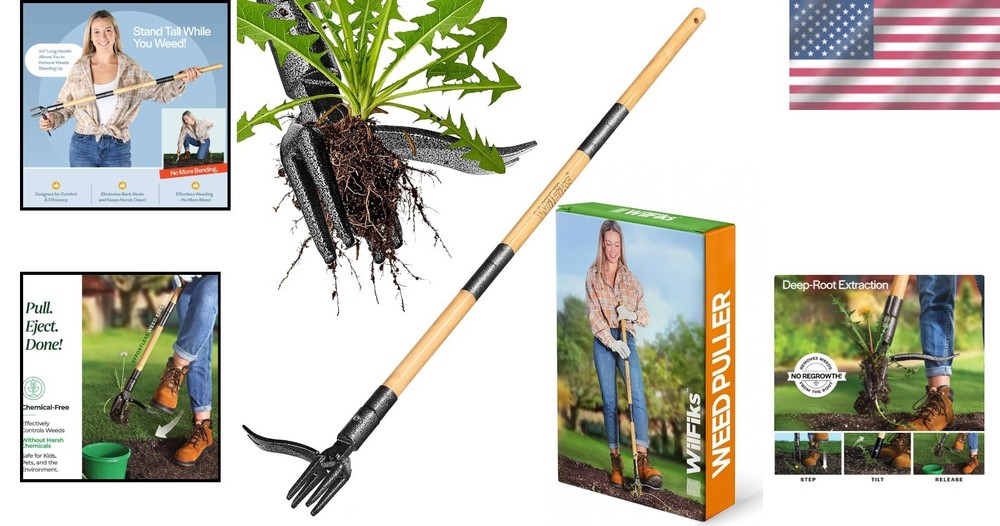 Durable Gardening Tool: Stand-Up 44-inch Weed Puller with Compact Storage Design