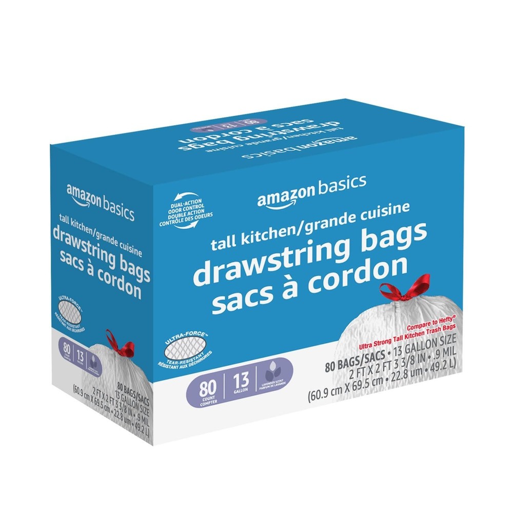 Amazon Basics Ultra-Force Tall Kitchen Drawstring Trash Bags, Lavender Scented