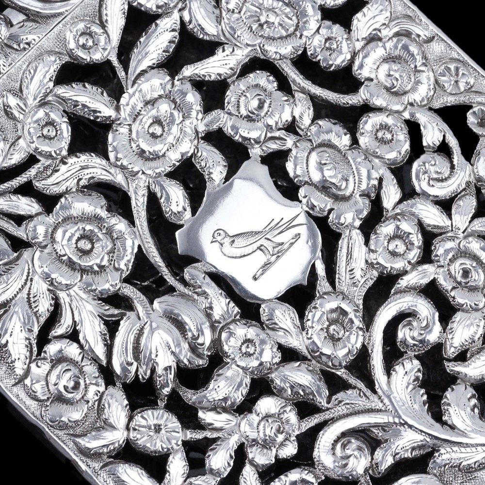 Antique Victorian Solid Silver Card Case Pierced Flowers - Francis Clark 1839