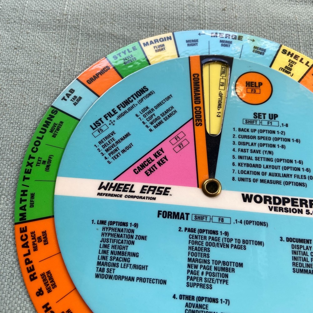 Wordperfect Version 5.0 Wheel Ease Quick Reference Guide Card Dial 1989 2 Sided