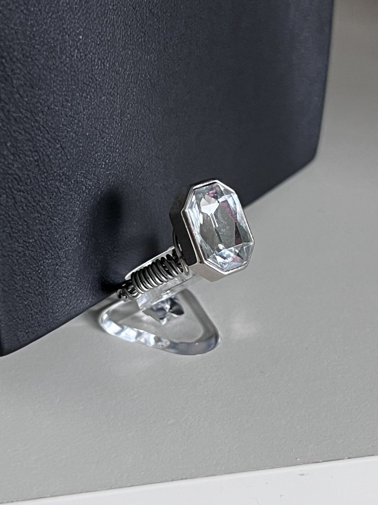 Silver and Crystal Sparkly Wire Wrapped Button Ring Size 6