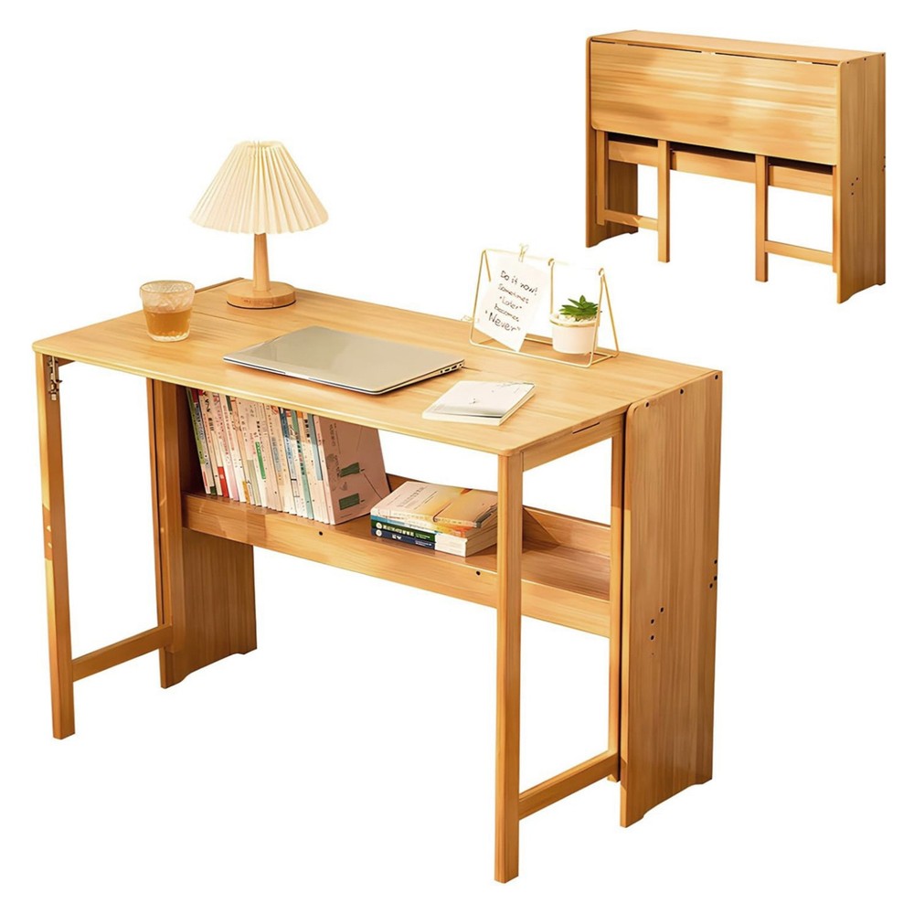 Folding Desk w/Bookshelf 40.6in Bamboo ComputerTable Space Saving for Student