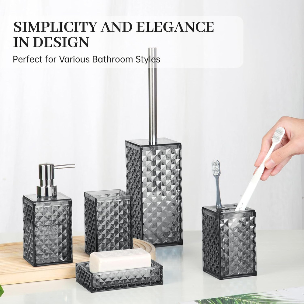 Bathroom Accessory Set, Grid Pattern 5 Pcs Plastic Bathroom Set Include Toilet B