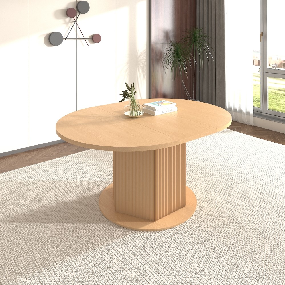 Round Extendable Dining Table for 6 MDF Wooden Kitchen Table with Hexagonal