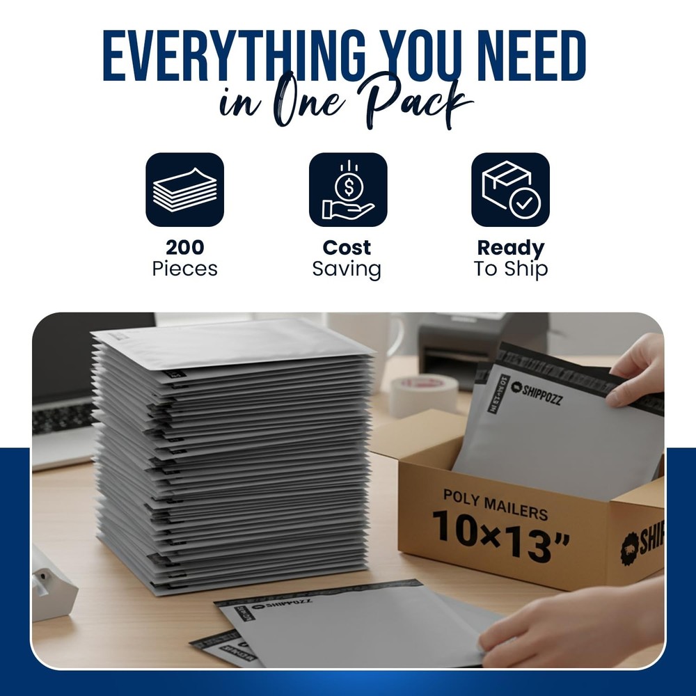 10x13 Poly Mailers 200 Pack, Durable Waterproof Polymailers for Shipping Clot...