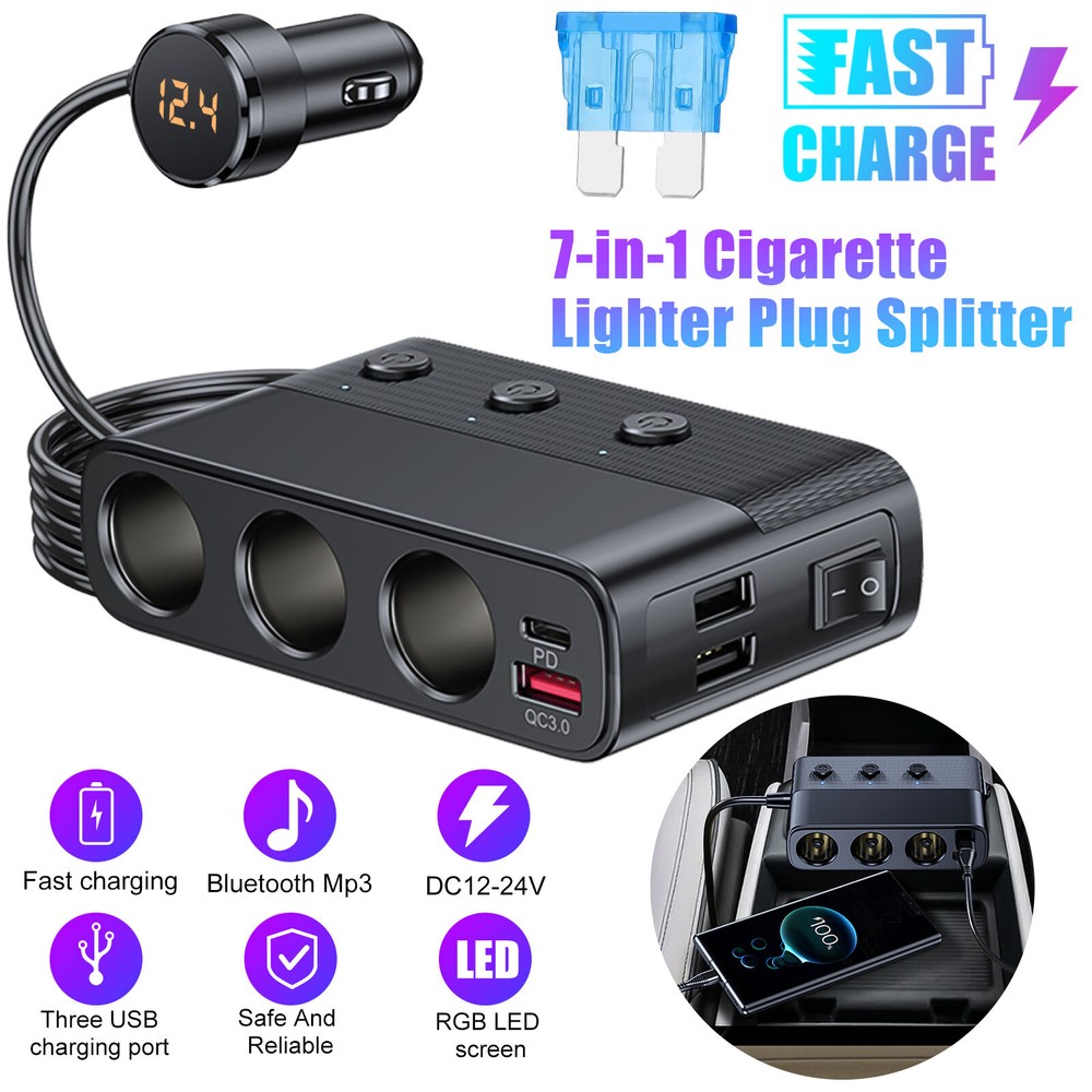 Car Cigarette Lighter Socket Splitter Power Adapter 3 USB + PD USB-C Charger 12V