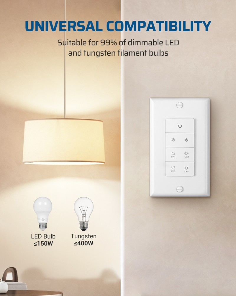 DEWENWILS Wireless Dimmer Switch, Adjustable Brightness Button Need Neutral Wire