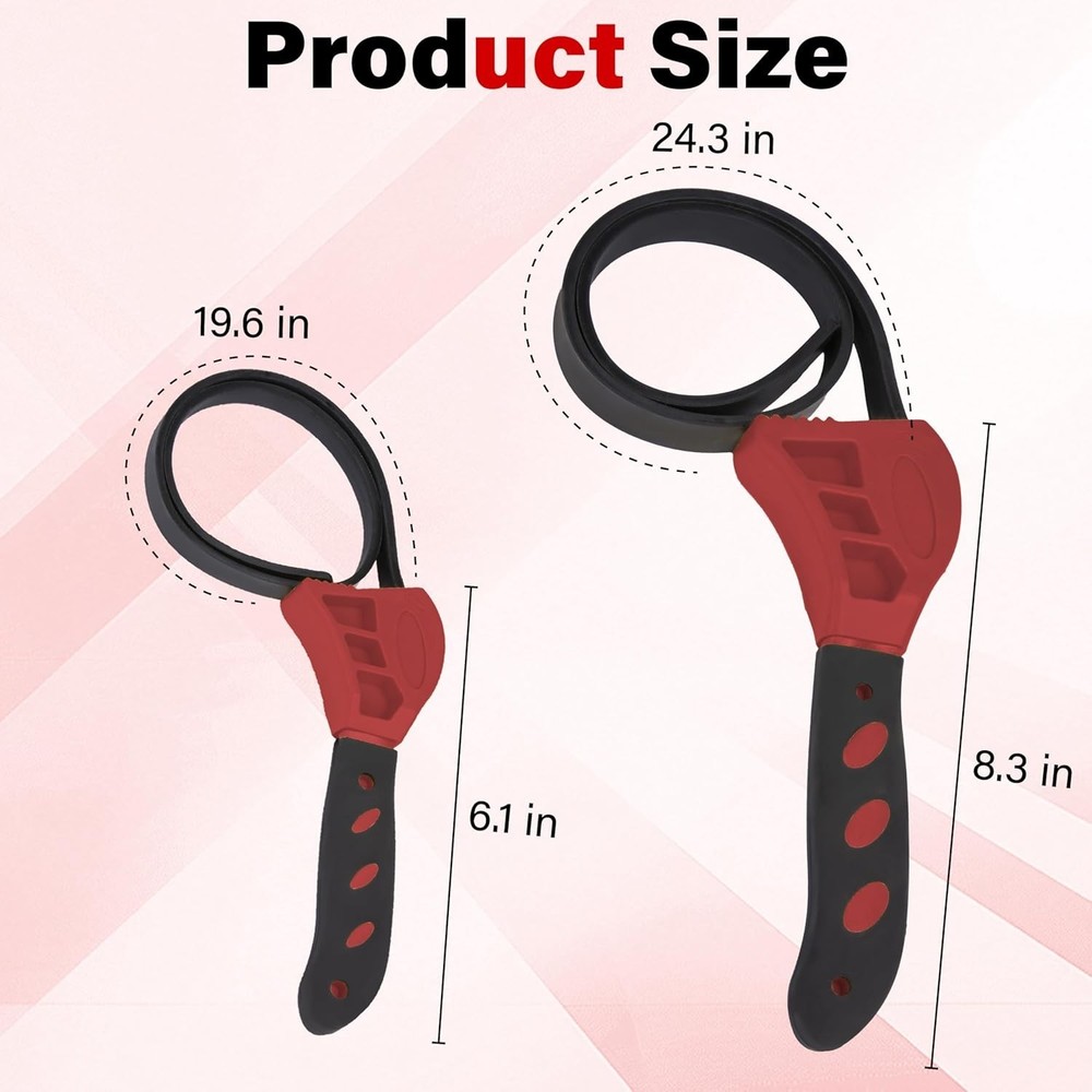 2pcs Red Rubber Strap Wrench 24" & 19.7" Adjustable Oil/Water Filter Tool