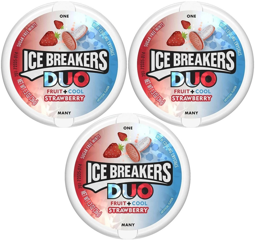 (3) Ice Breakers Duo Fruit + Cool STRAWBERRY Sugar Free Breath Mints *BB 7/2027*