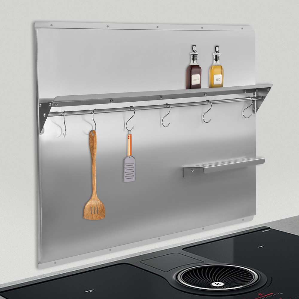Range Backsplash Stainless Range Hood Wall Shield Splash Plate w/ Storage Shelf