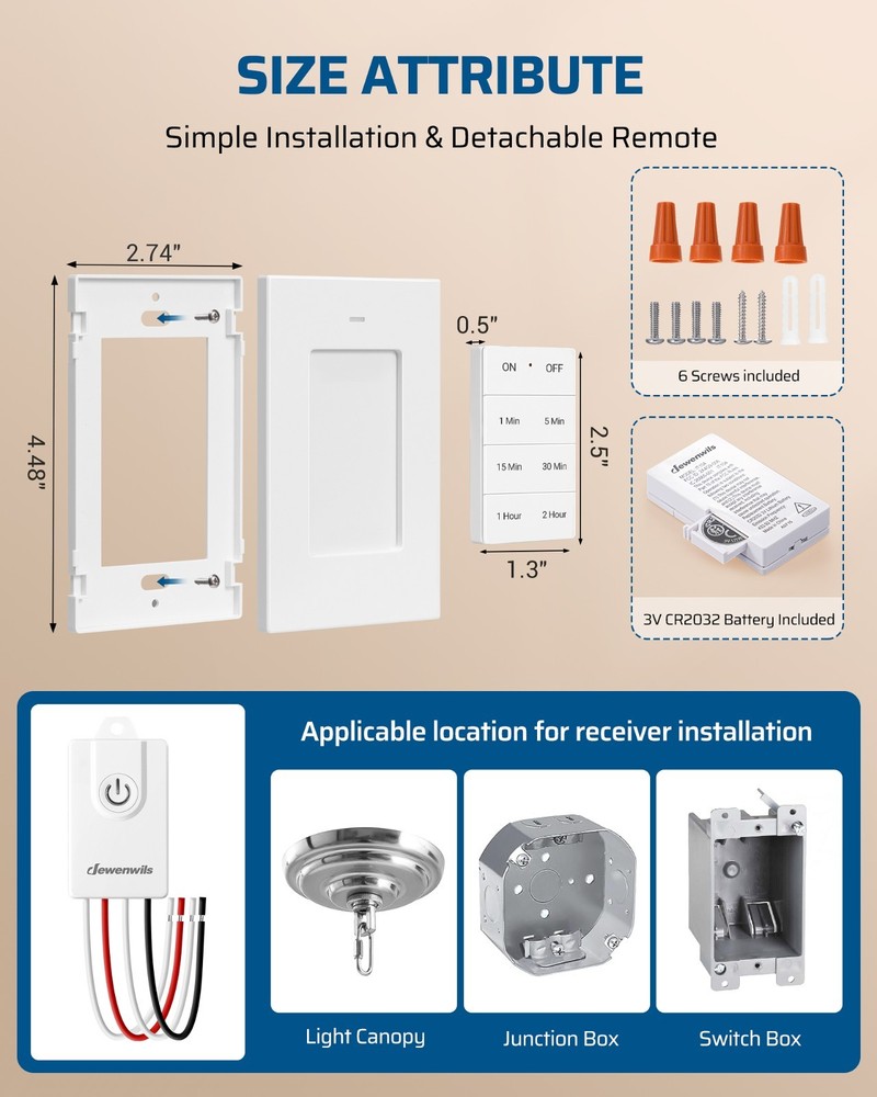 DEWENWILS Wireless Light Switch 15AMP High Power Receiver Kit with Timer,Switch