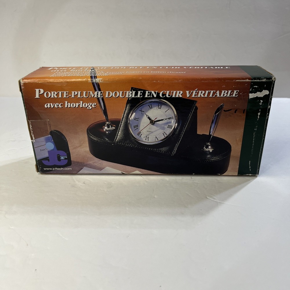 Leather Desk Clock & 2 Pens Leather Wrapped