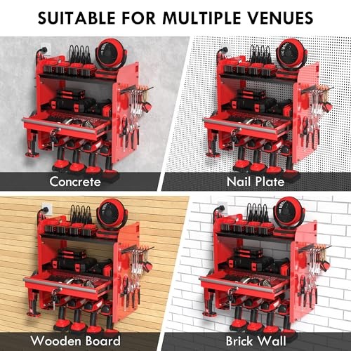 Power Tool Organizer Wall Mount with Drill Rack & Locking Drawers - Heavy Red