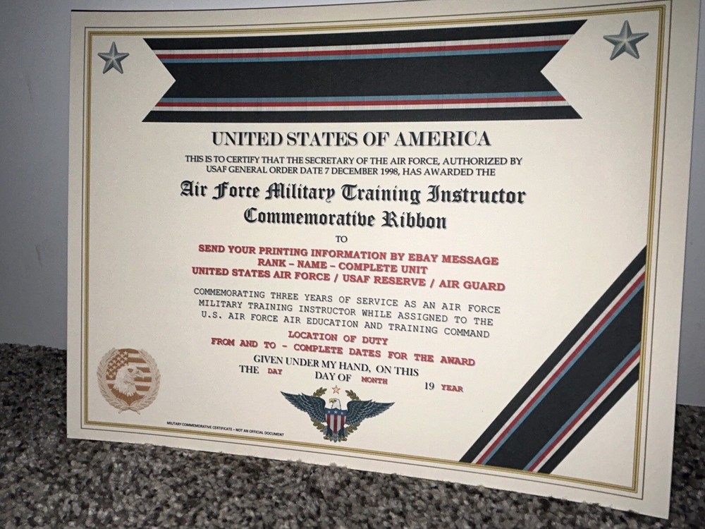 U.S. AIR FORCE TRAINING INSTRUCTOR COMMEMORATIVE CERTIFICATE ~ W/PRINTING TYPE-1