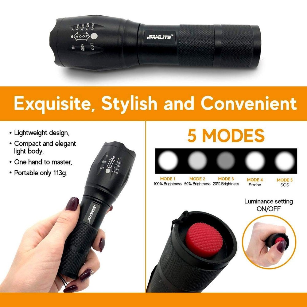 SAMLITE LED Flashlight High Powered – 1200 Lumens Bright Zoomable Black