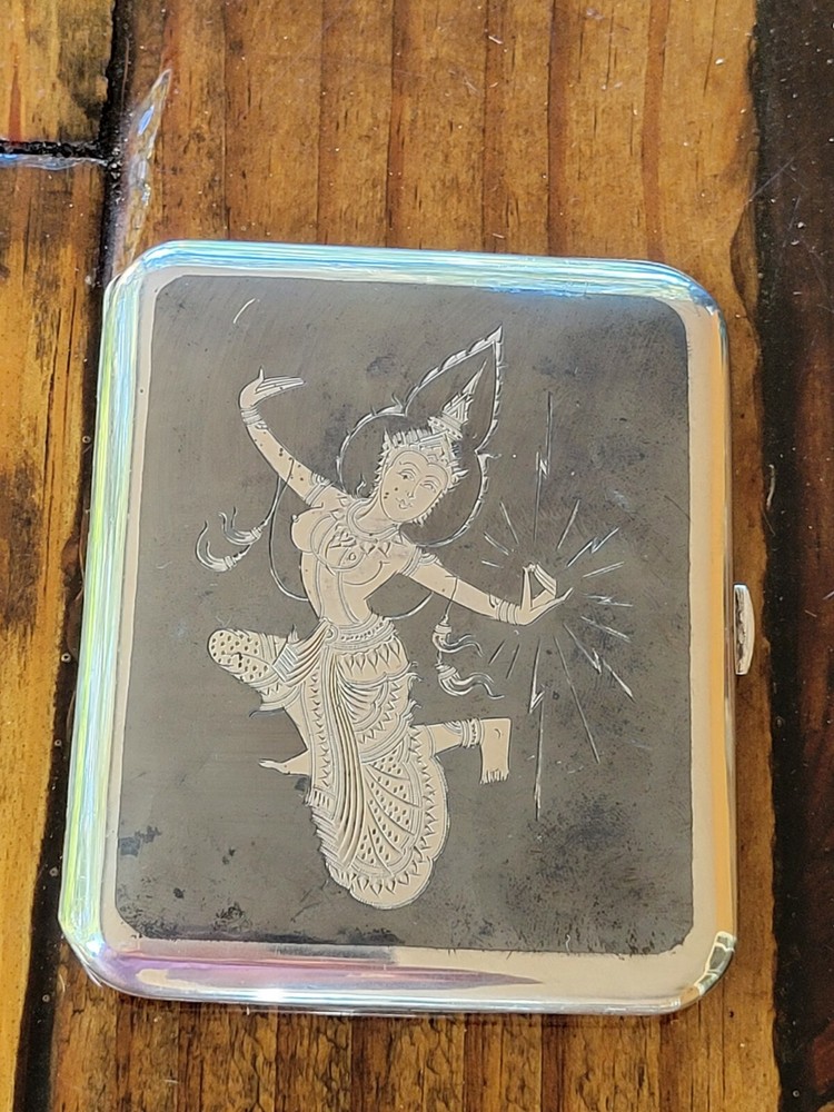 VTG Siam Thailand Solid Sterling Silver & Niello Dancer Etch Cigarette Case