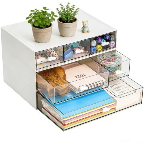 3 Tier Small Desk Organizer with 6 Drawer, Stackable Desktop Storage Box,