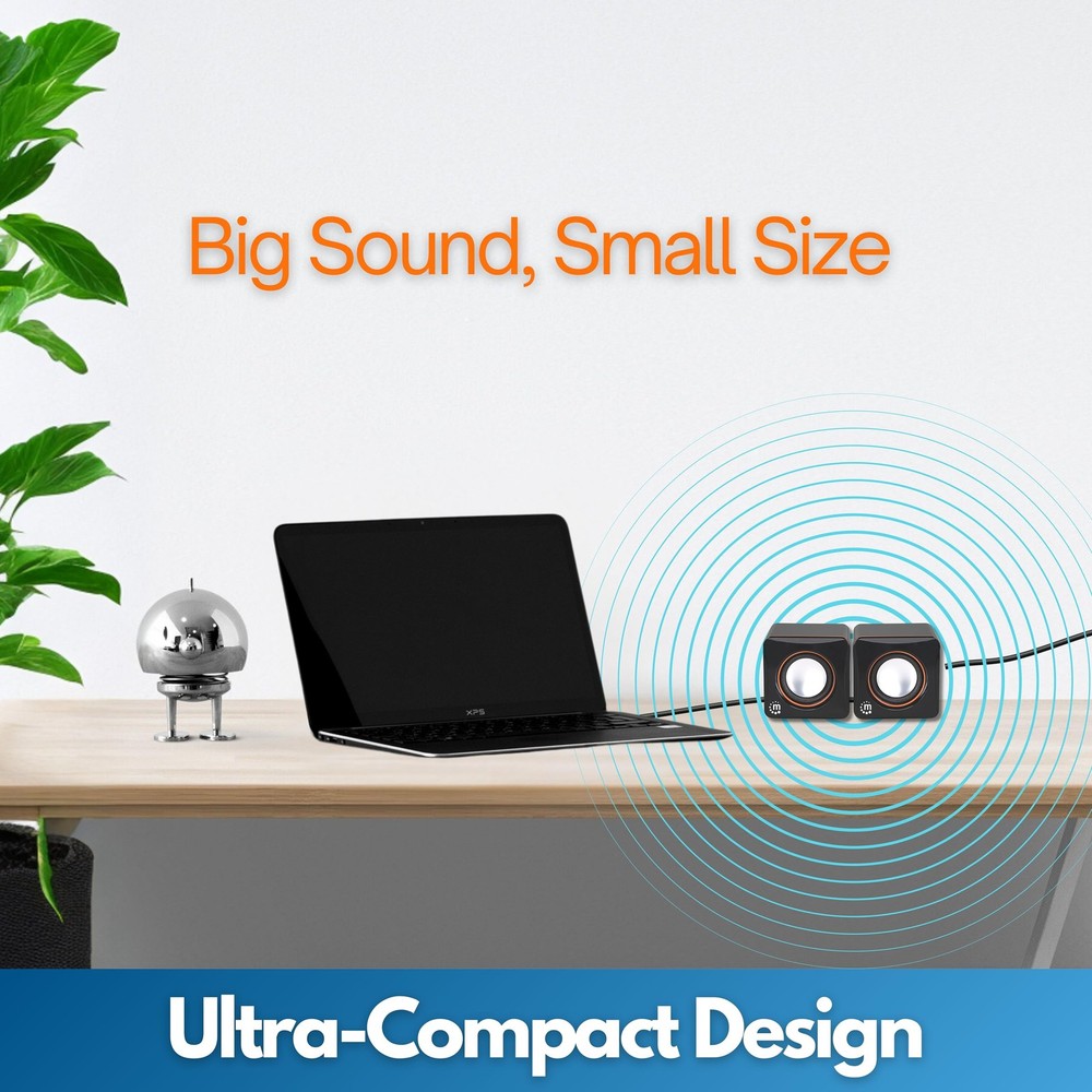 USB Powered Stereo Speaker System - Small Size - with Volume Control & 3.5 mm...