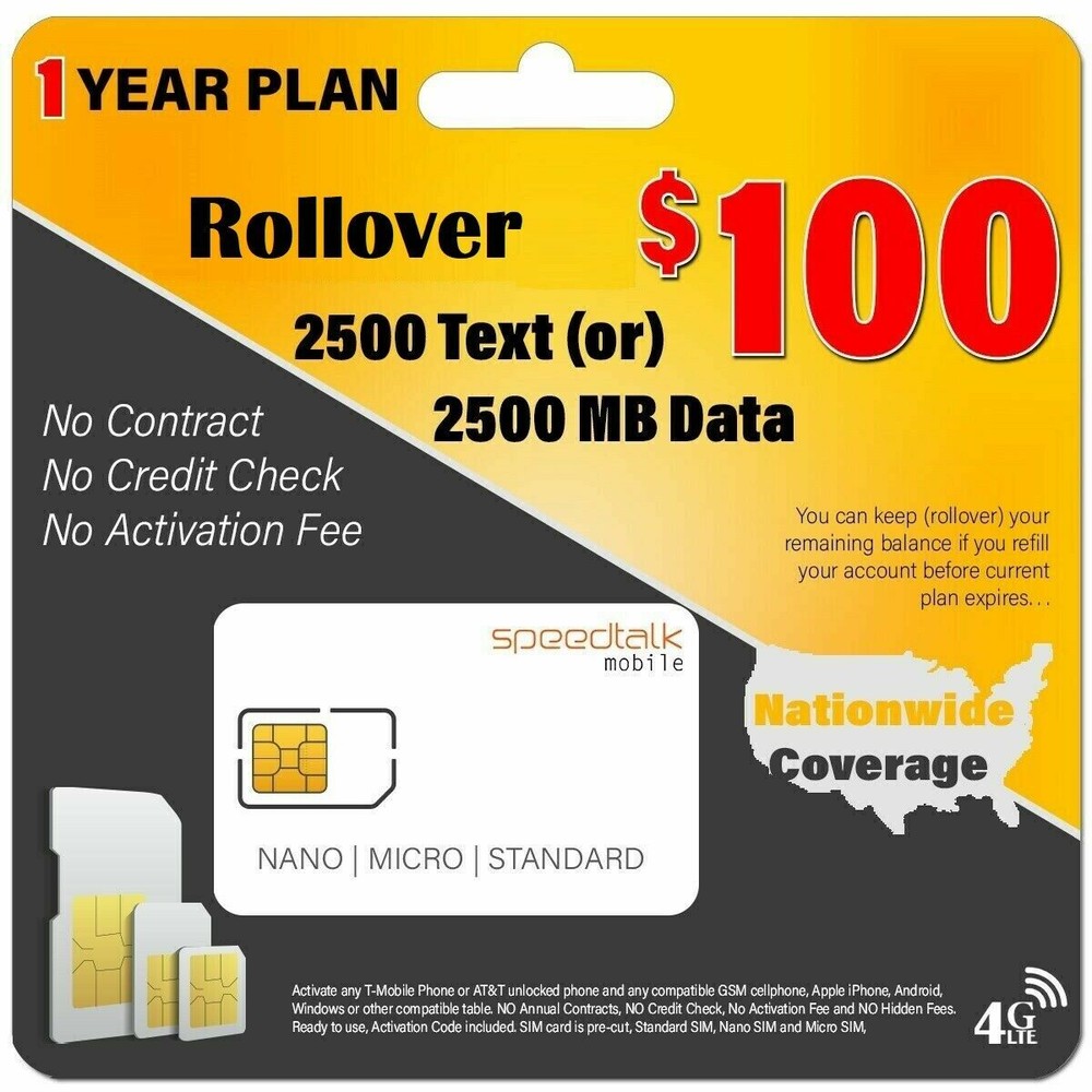SpeedTalk GPS Tracker SIM Card Rollover Text & Data Canada Mexico Roaming 1yr