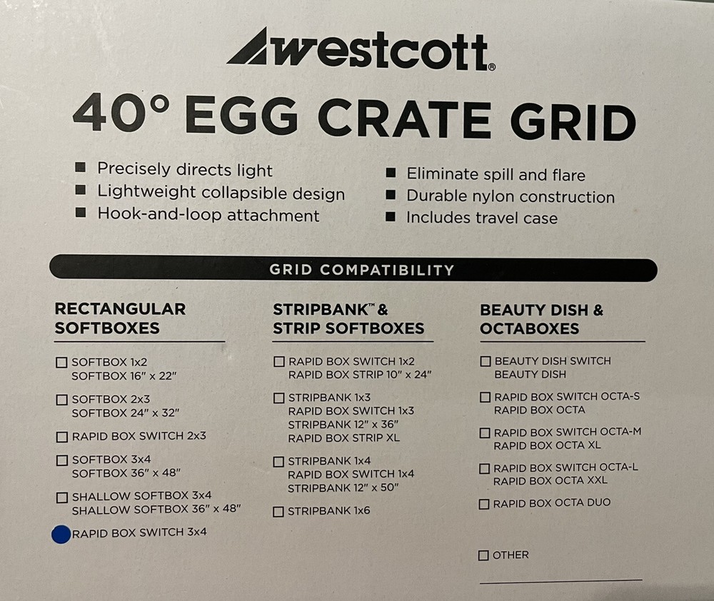 Westcott 40-Degree Egg Crate Grid for Rapid Box Switch 3x4 #2839