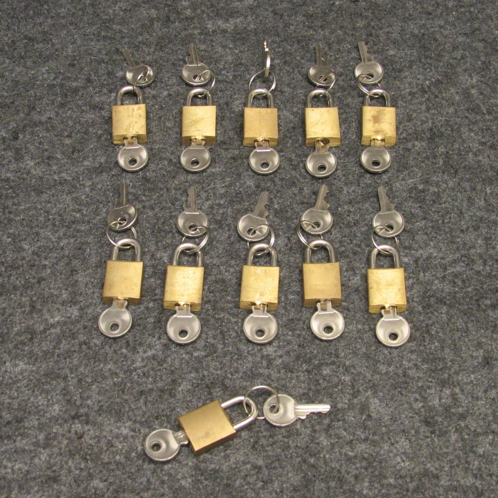 11 Miniature Brass Padlocks w/ Keys Each Keyed Seperately 1-1/4" Display Case