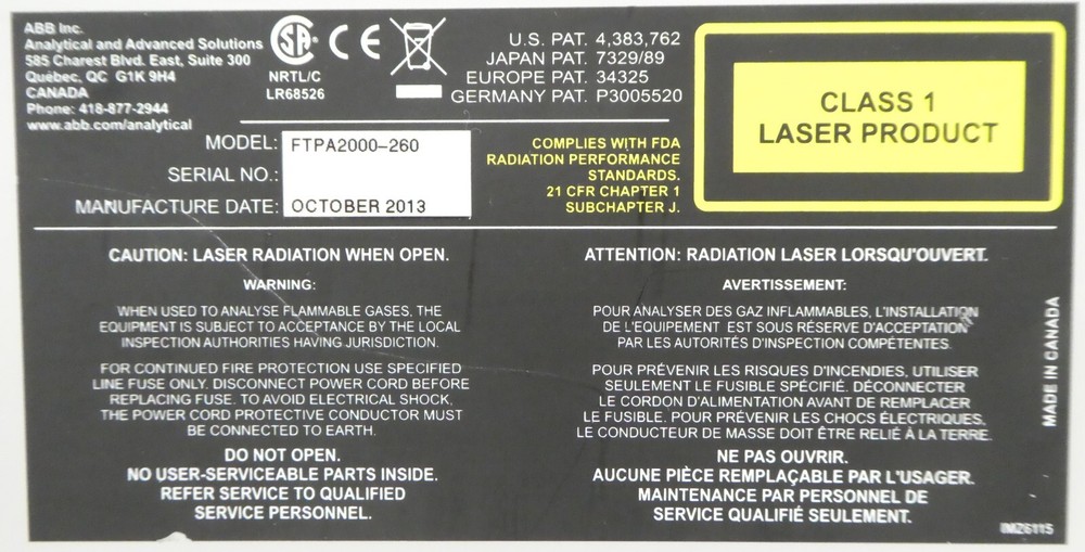 ABB FTPA2000-260 FT-NIR Fiber Optic Measurement Process Analyzer Unit Untested