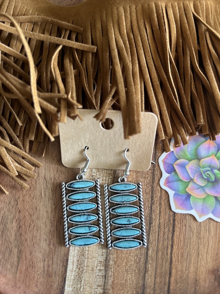 Western Boho Chic Rectangle Turquoise Earrings