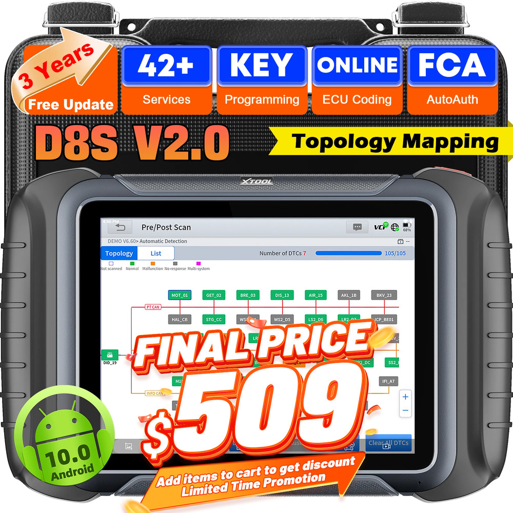 XTOOL D8S V2.0 Auto Diagnostic Tool FCA AutoAuth Key Programmer OBD2 Scanner
