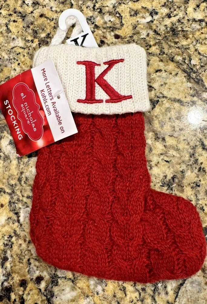 St Nicholas Square Knitted Red Mini Stocking 6" Initial K
