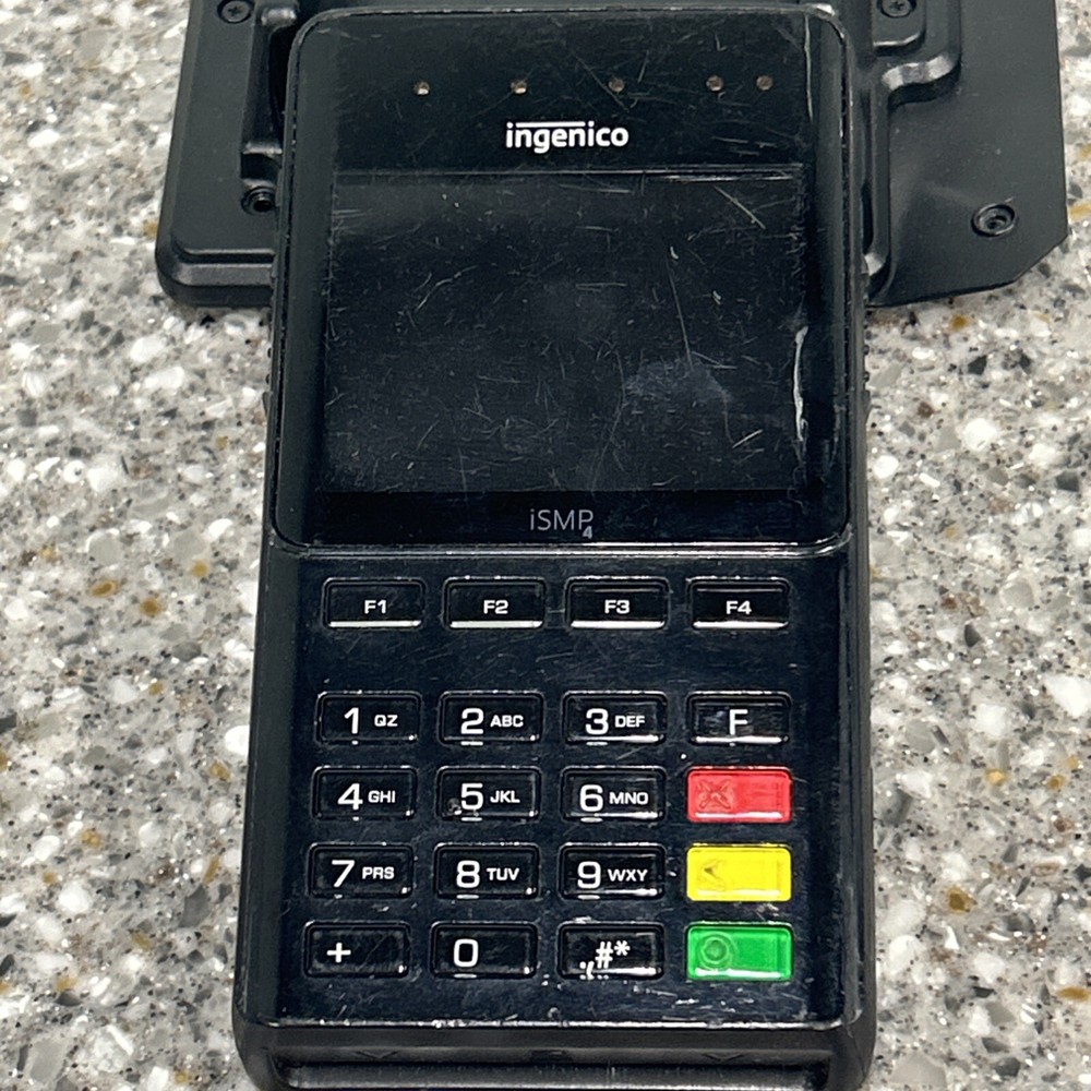 Ingenico Ismp4 Card Reader With Barcode Scanner And Zebra Charging Base