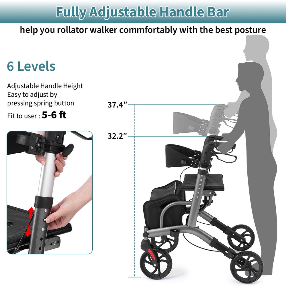 Foldable Rollator Walker with Seat for Seniors, 4x Wheels, Foldable,Adjustable