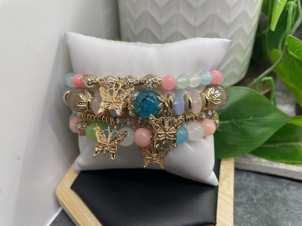 4” PC Handmade Boho  Beaded Stackable 7” Plus Stretch Bracelet Set New B4791
