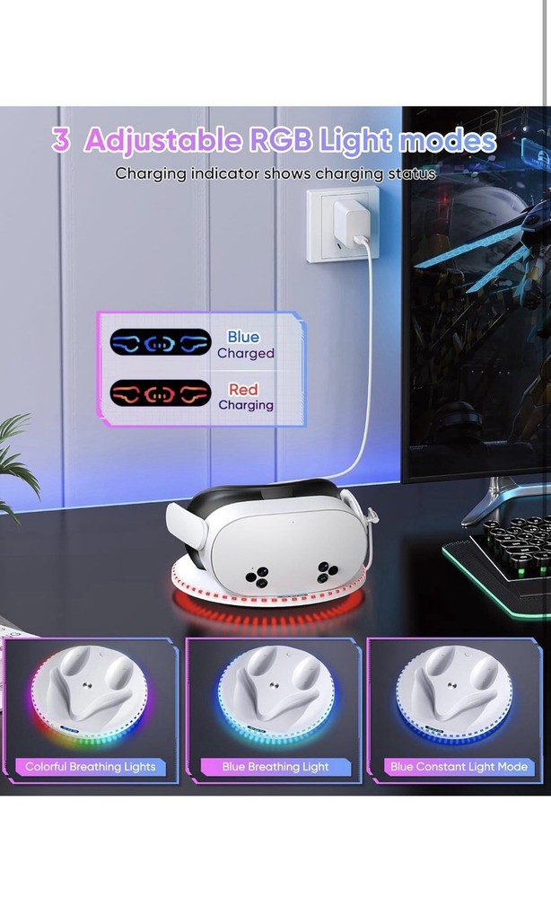 Charging Dock for Meta Quest 2 VR Headset & Controllers, Magnetic, USB-C, RGB