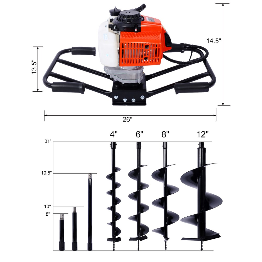2.7HP Post Hole Digger 63cc Two Person Handle Gas-Powered 2-Stroke Digging Drill