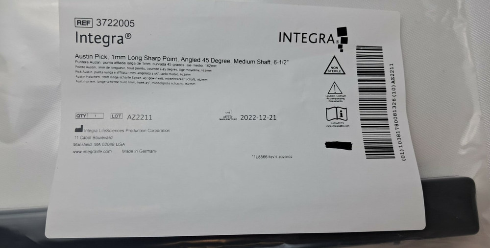 Integra 3722005, Integra Autism Pick, 1mm, Long, Sharp Point, Angled 45 Degree.
