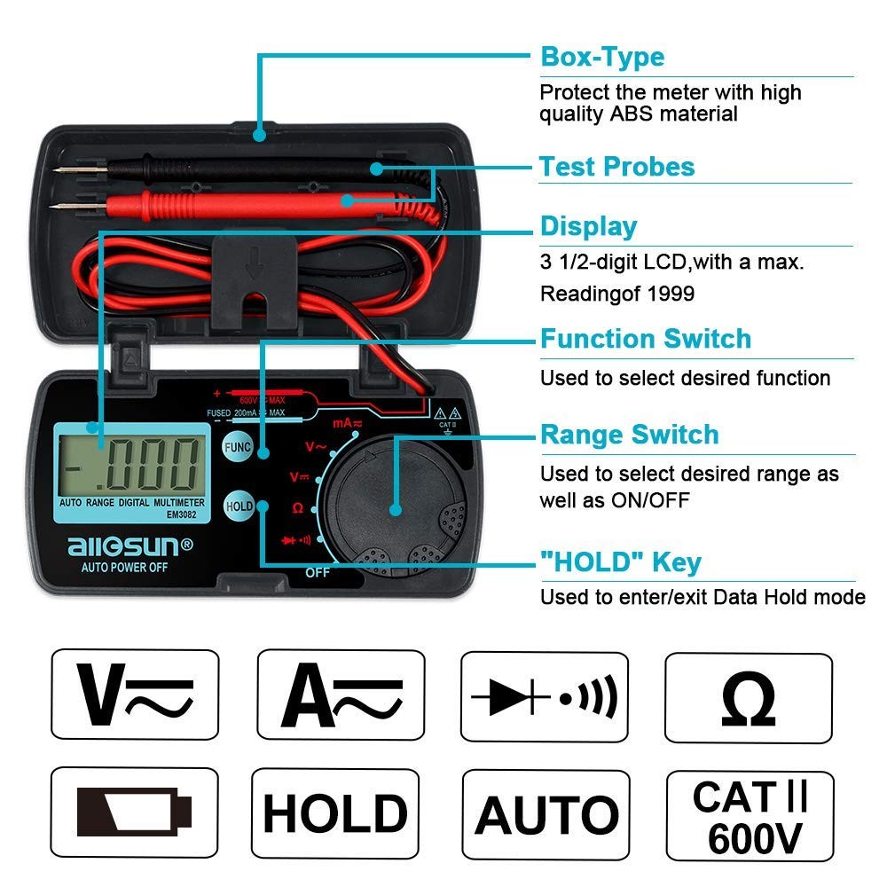 ALLOSUN Pocket Size Compact Digital Multimeter Auto Range Multi Black
