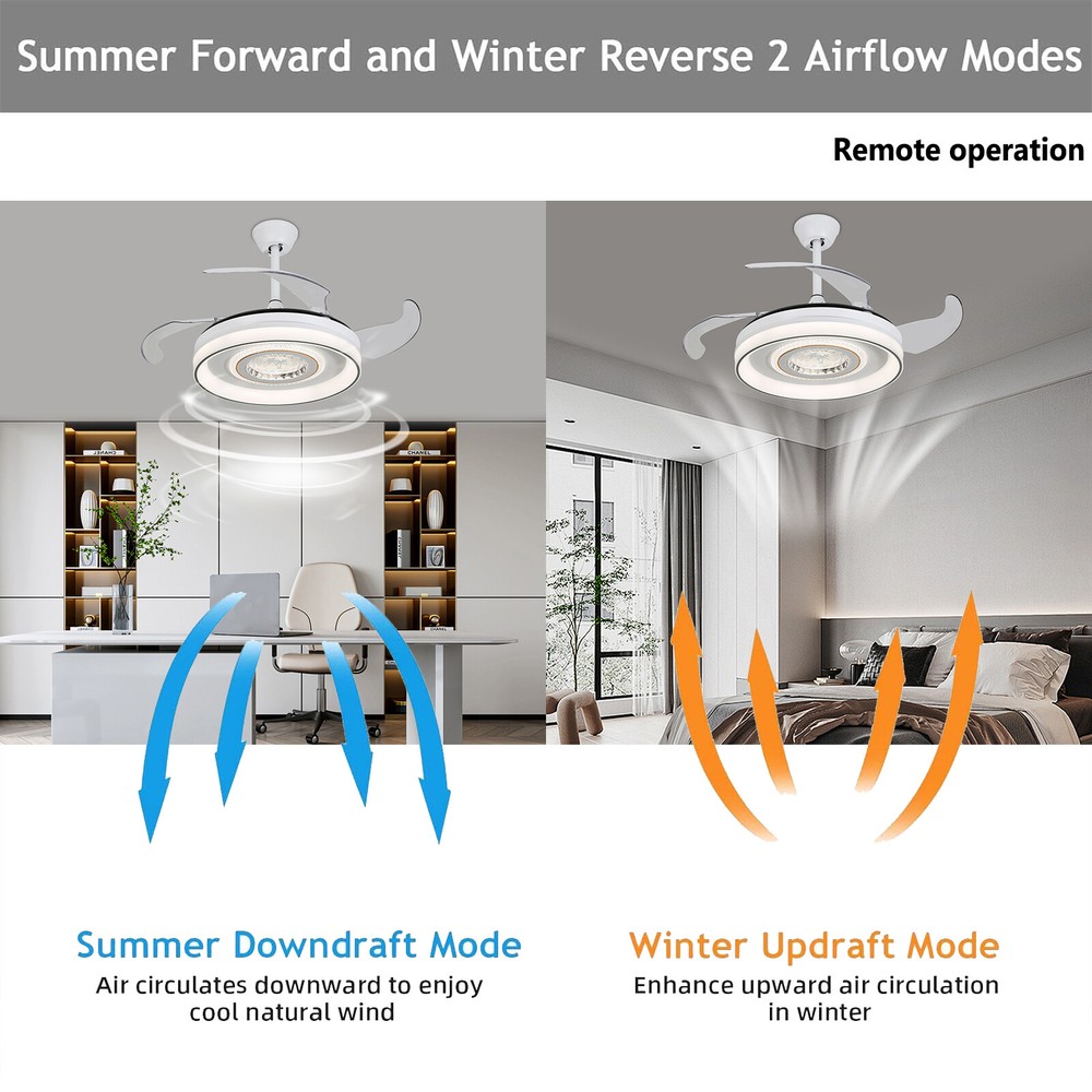 42in Modern Flush Mount Round Dimmable Ceiling Fan Light W/Remote White & Grey