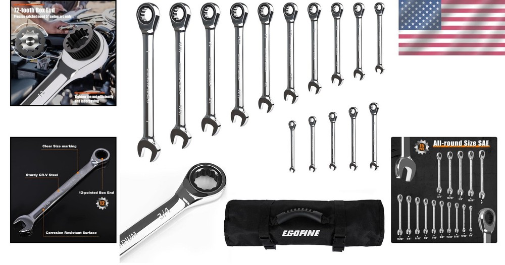 Ultimate 15-Piece SAE Wrench Set for Efficient Work: 72-Tooth & Storage Roll