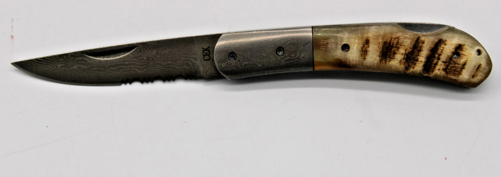 CEK - CUSTOM DAMASCUS FOLDING POCKET KNIFE RAM HORN HANDLE