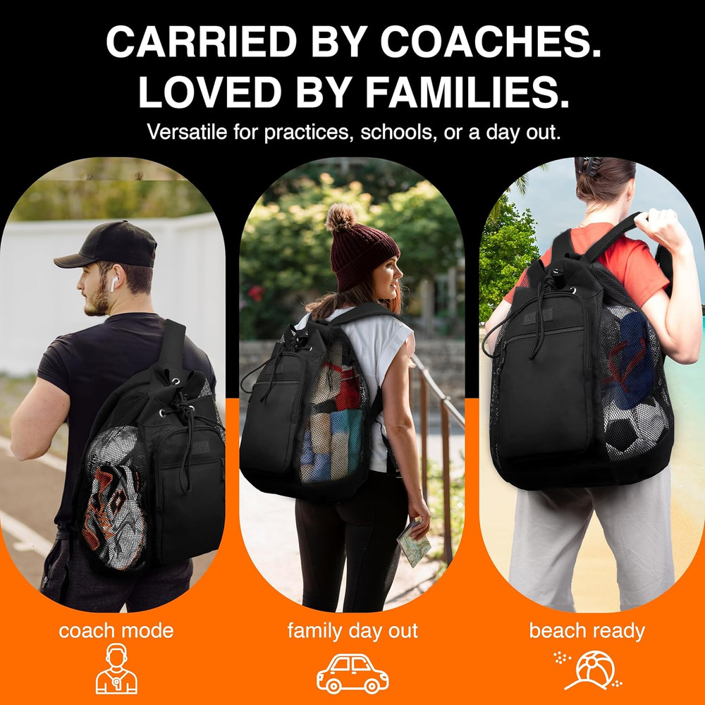 Heavy Duty Small Mesh Equipment Ball Bag w/Adjustable Backpack Shoulder Strap De