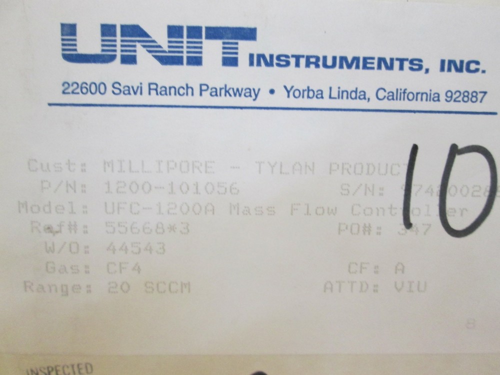 Unit UFC-1200A Mass Flow Controller, Gas- CF4, Range- 20 SCCM, Used