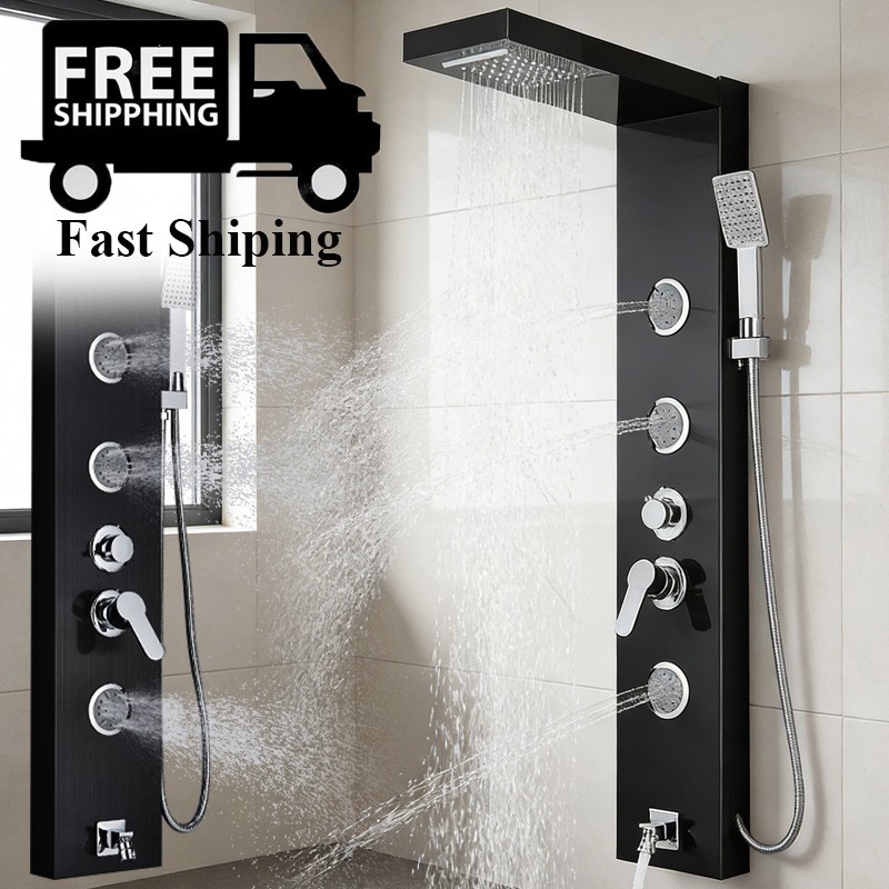 Black Shower Panel Tower System Rainfall Waterfall Head Massage Jet Mixer Tap