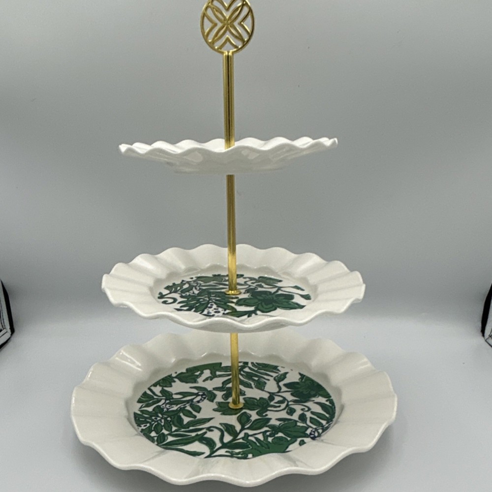 Lilly Pulitzer Three-Tier Ceramic Cake Stand, Green Pattern, Gold Handle, Round