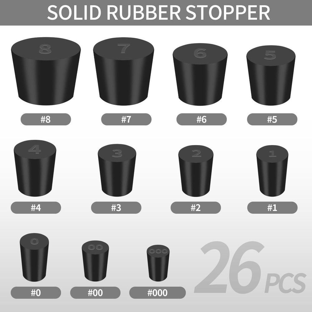26 Pack Solid Rubber Stoppers - 11 Assorted Sizes Stopper Plugs, 000# - Black