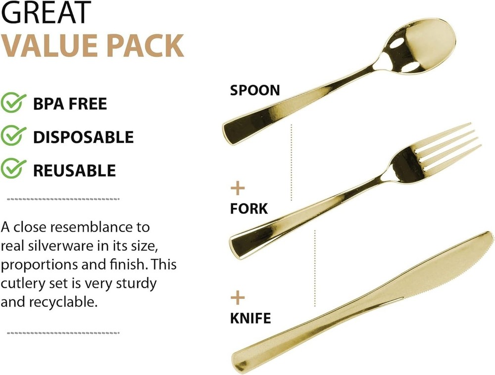 Gold Plastic Silverware Set, 160 Count, Extra Heavy Duty Flatware, Disposable...