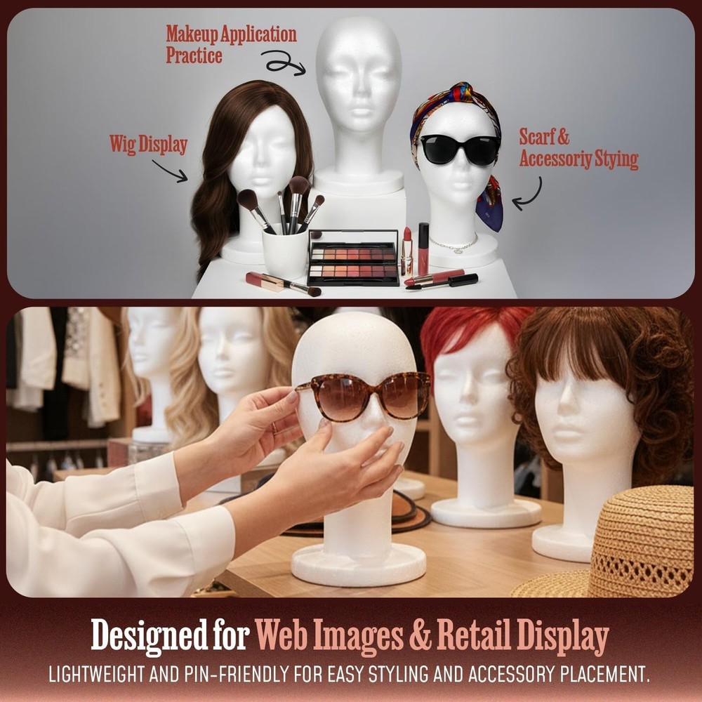 Styrofoam Mannequin Head 2 Pack 11.4" Wig Display Stand Tripod Compatible