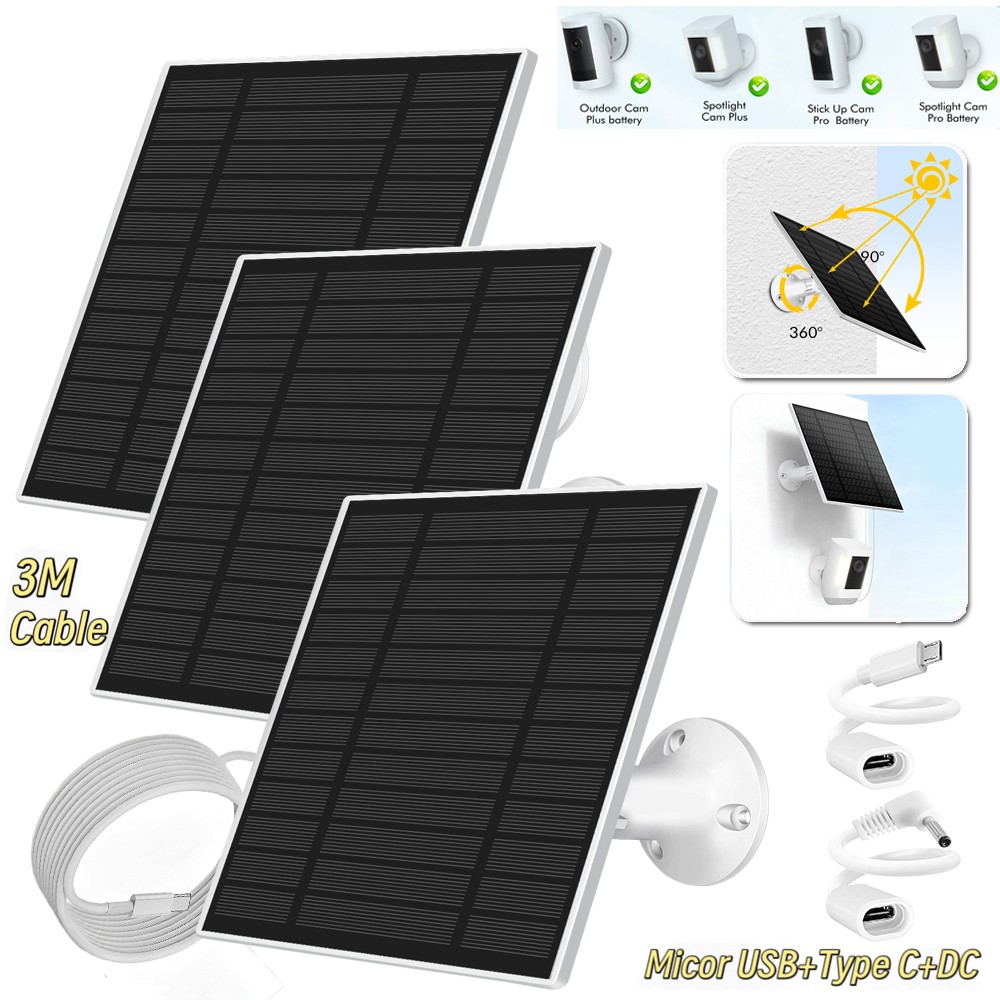 Solar Charging Panel for Outdoor Ring Camera USB C DC Battery Charger with Stand