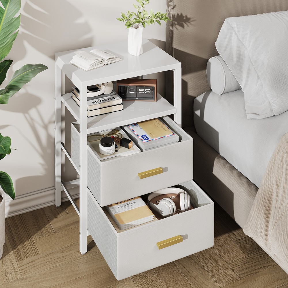 Bedside End Table Particle Board Modern Nightstand With 2 Fabric Drawers For